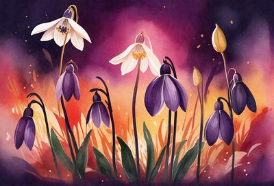 The primary subject of the image is a group of purple flowers, which are the main objects in the scene. The flowers are set against a backdrop of a purple sky, creating a visually striking and artistic composition. The visual style of the image is a painting, with the artist using vibrant colors and a distinctive technique to create a lively and captivating scene. The overall atmosphere of the image is one of beauty and tranquility, as the flowers stand tall against the backdrop of the purple sky